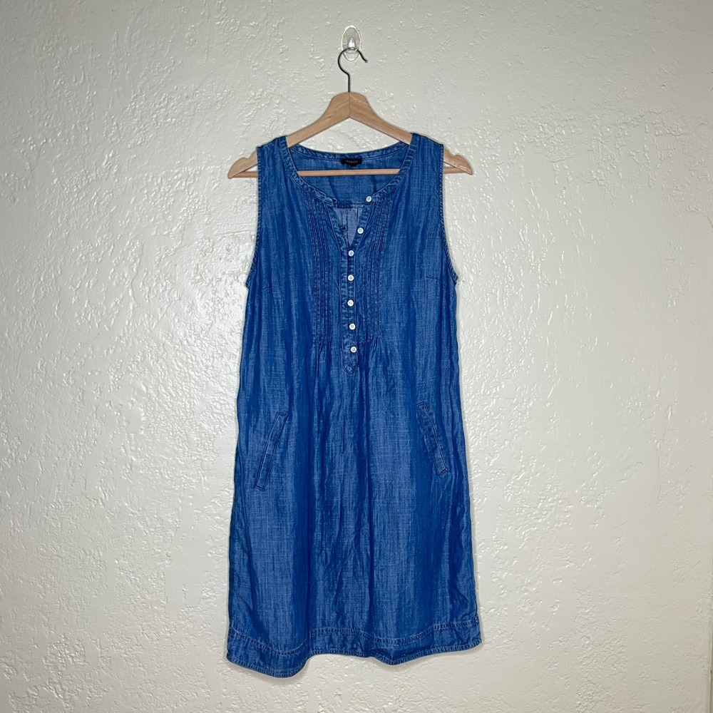 Talbots Blue Tencel Lyocell Sleeveless Denim Shift Dress Pintuck Pockets Size 8